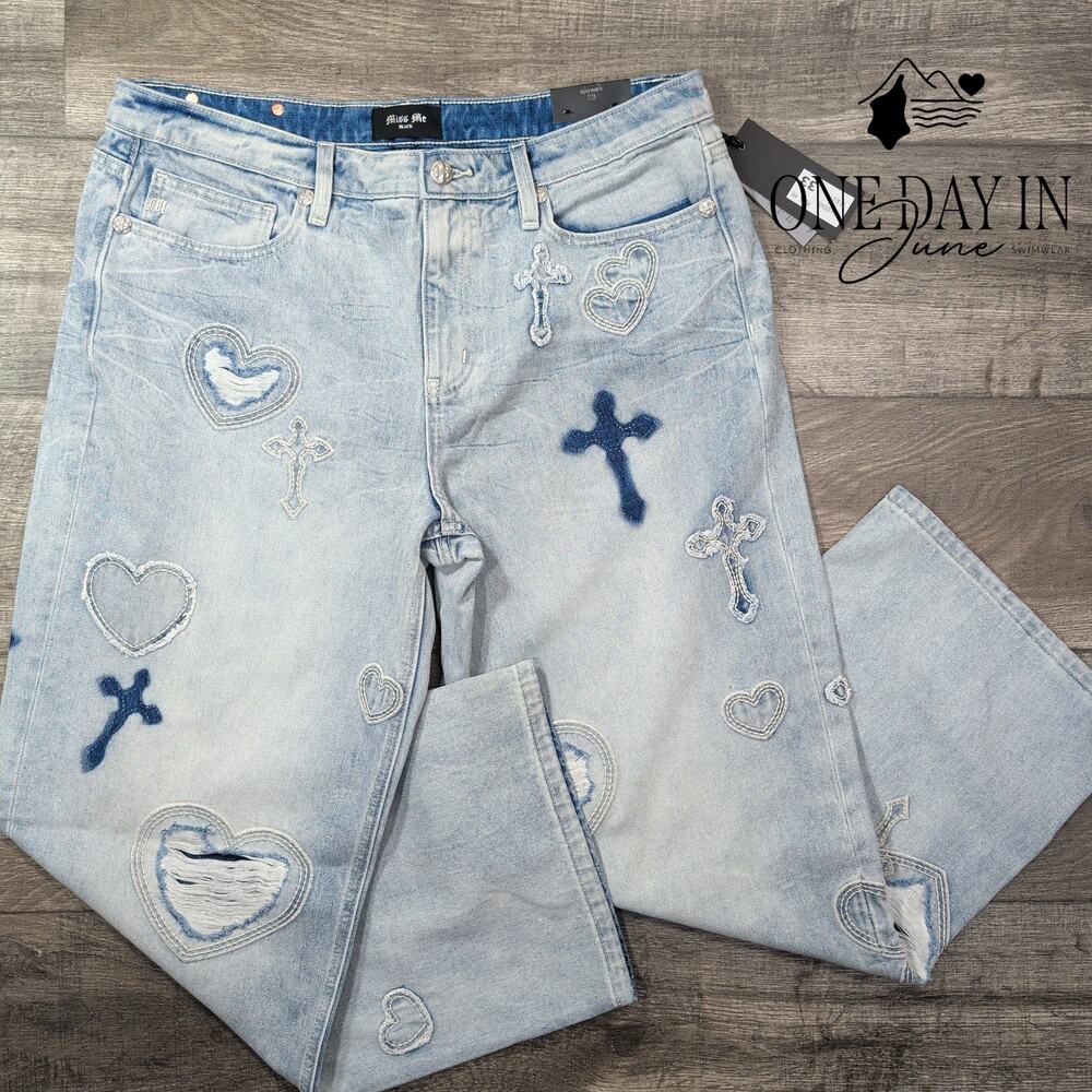 Miss Me Aryanna Heart Cross Slim Wide Leg Jeans Light Wash NWT Size 16 (33X30)